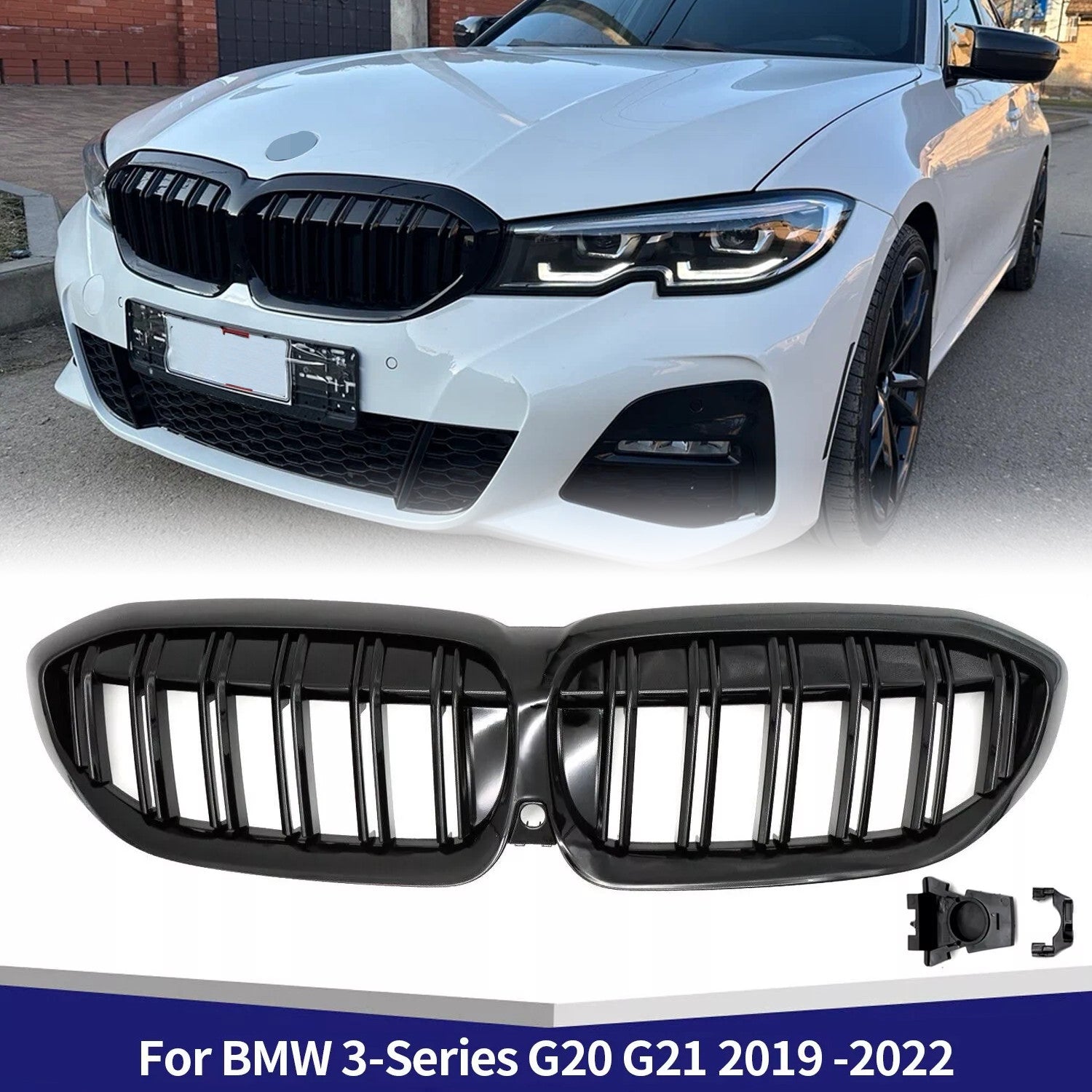 for BMW G20 G21 3-Series 330i 2019 -2022 Front Bumper Kidney Grille Gloss Black