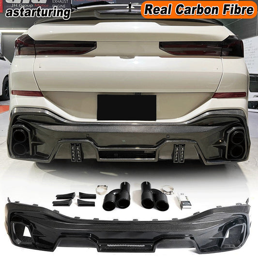 for BMW X6 G06 M-Sport 2020+ Carbon Fiber Rear Bumper Diffuser Lip W/Exhaust Tip