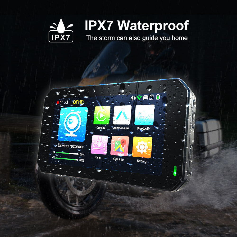 GPS navigation motorcycle DVR recorder with wireless CarPlay Android and automatic waterproofing. n