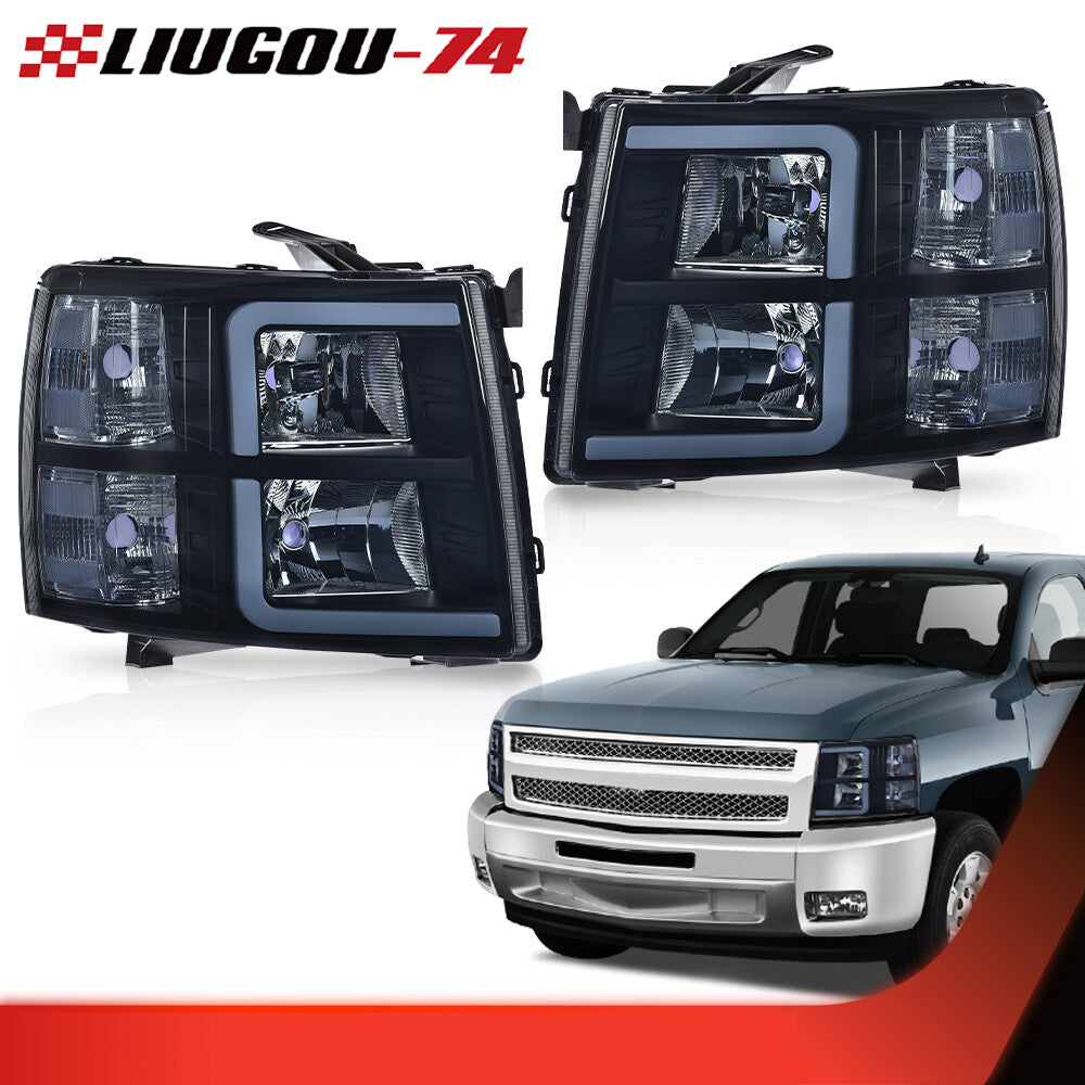 Fits 2007 - 2013 for Silverado 1500 2500 LED DRL Pipe Smoke/Black Headlights - v