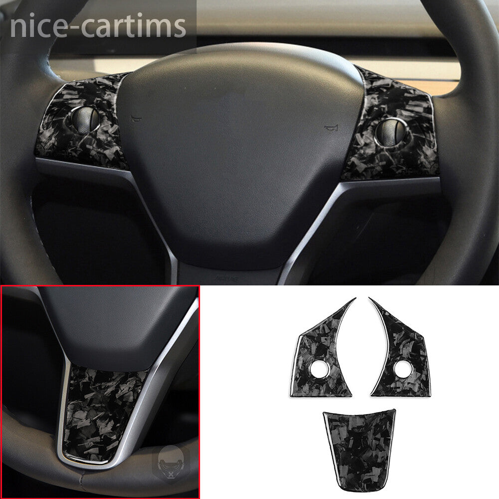 for Tesla Model 3 / Y 2017-23 Forged Carbon Fiber Steering Wheel Panel Trim 3Pcs