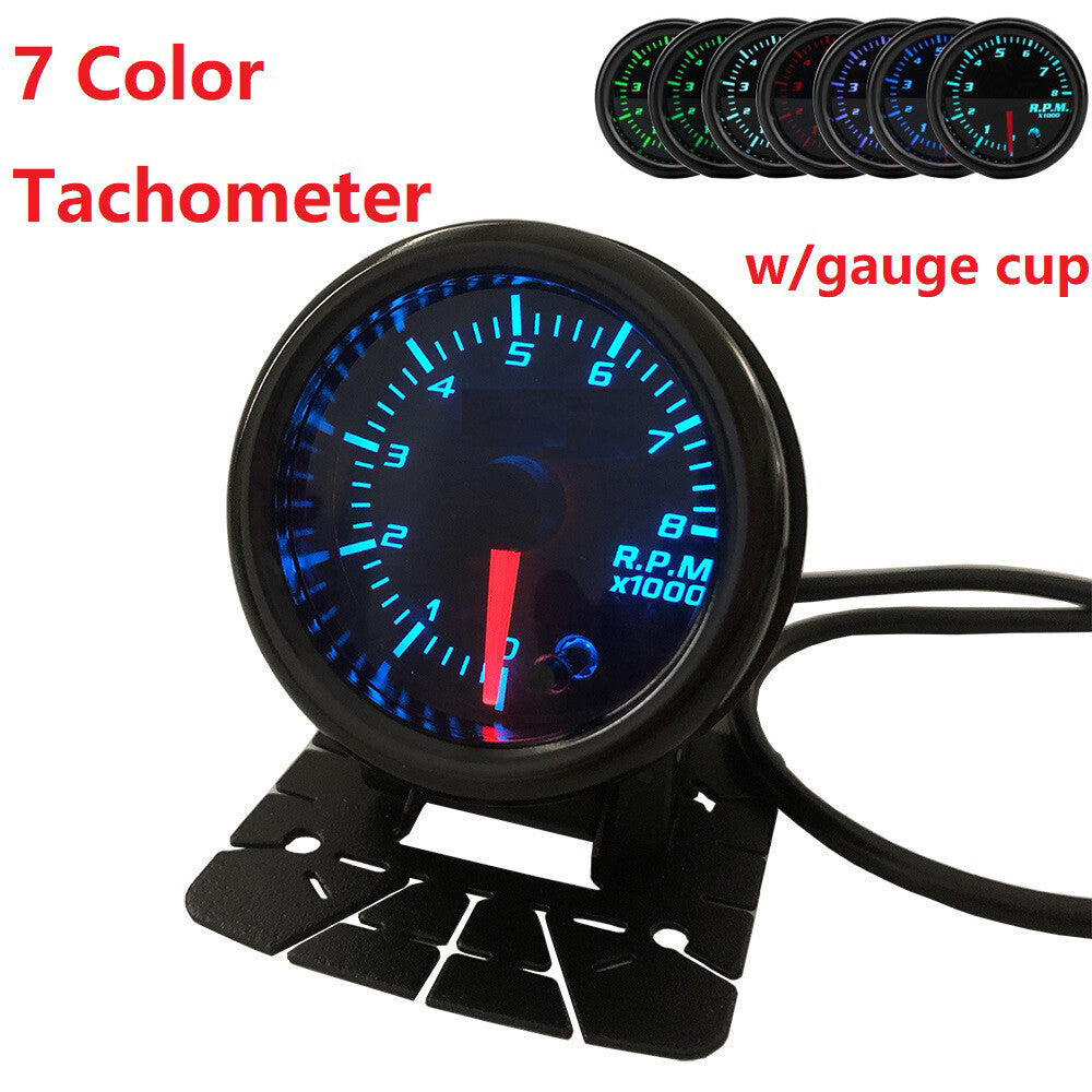52mm Tacho Gauge 7 Color 2-1/16 Tachometer Tacho Meter GaugeW/CUP 0~8000 RPM
