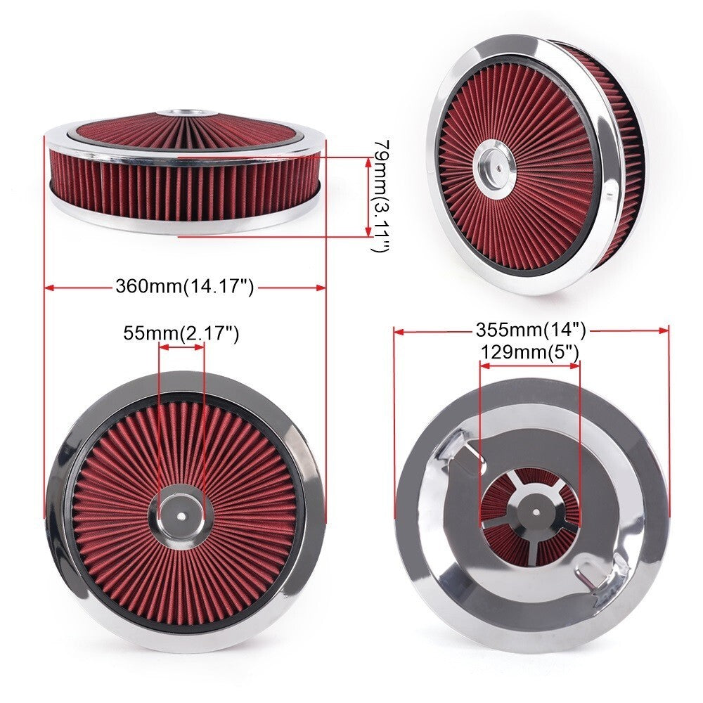 14in x 3in Air Cleaner Set Super Flow Washable Element Black Recessed Chrome Top Q