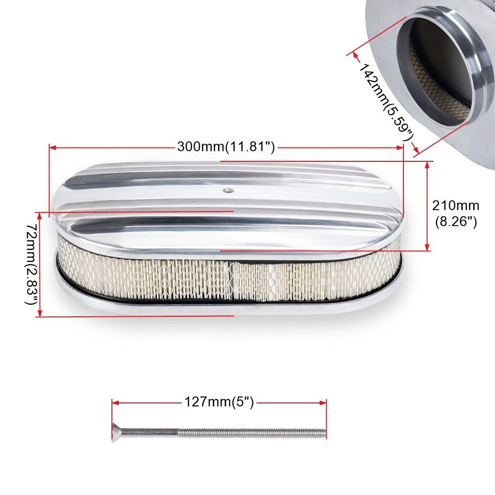 Chrome Half Finned Air Cleaner Set with Washable Filter, 12 x 2 Inch, Oval Shape Q