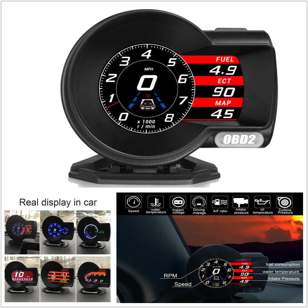 In-vehicle OBD2 multi-function instrument panel with head-up digital display of vehicle speed, RPM, and oil temperature. n
