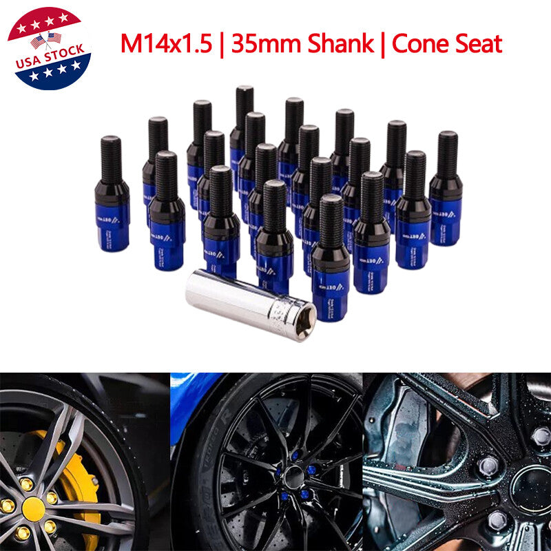 20x Blue M14x1.5 Wheel Lug Bolt Tapered for Seat Stud Set, 35 Handles, Suitable for Most Aftermarket Use.