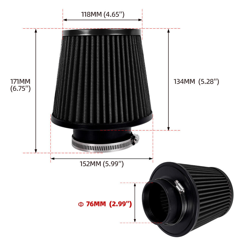 Full Black 3 76mm High Flow Inlet Air Intake Cone Filter For Car/Truck/SUV