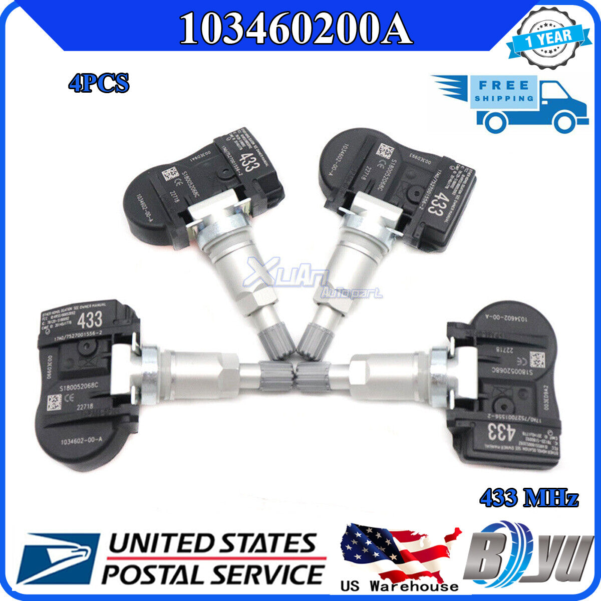 103460200A 4-piece 433MHz Tire Pressure Sensor (TPMS) kit, suitable for Model 3, S, X- v