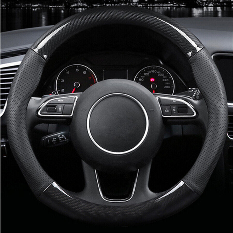 Carbon Fiber Color Deluxe Leather 38cm Steering Wheel Cover Non-slip Universal Q