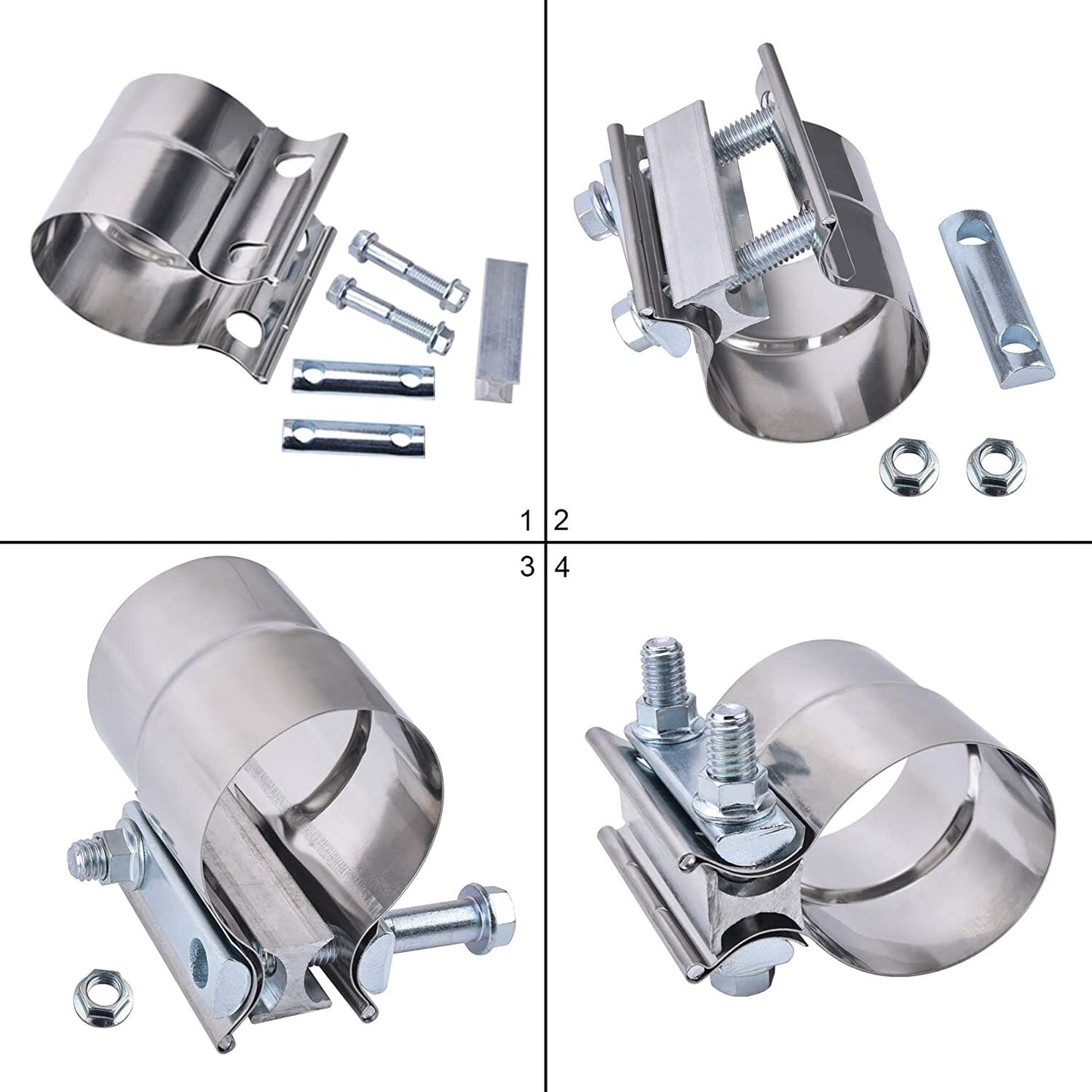 2.5-inch exhaust clip connector with sleeve, stainless steel, one pair