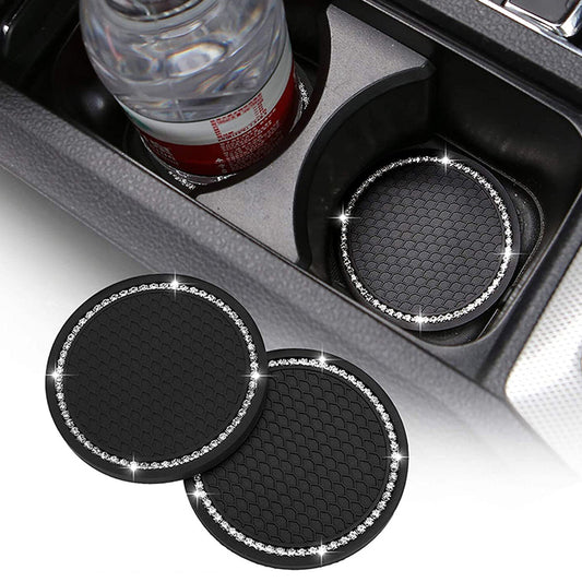 2PCS Bling Car Cup Holder Coaster Rhinestone Soft Rubber Pad Round Insert Drink