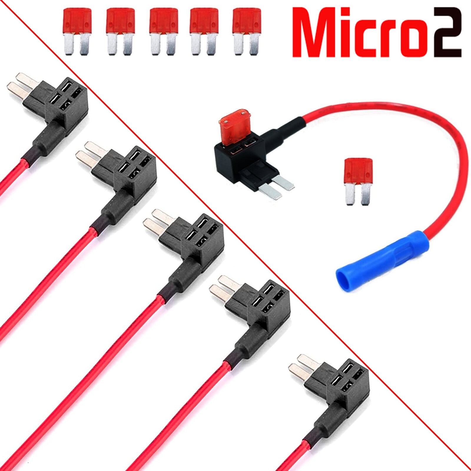 5 Pack 12V 10A Car Add-A-Circuit Fuse Tap Adapter 16AWG Micro2 Fuse Blade Holder Q
