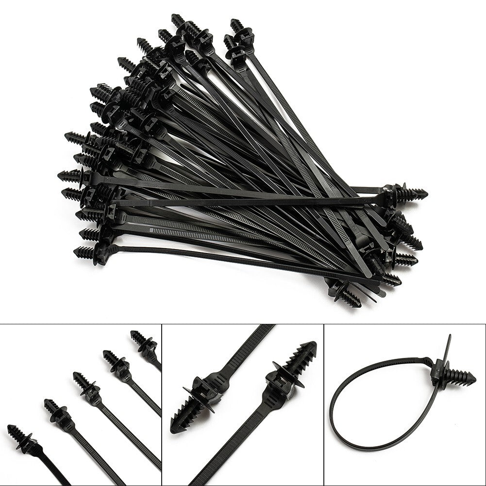 50  Black Nylon Push Clip Wire Tie Zipper Strap Automotive Conduit Cable Fastener Set