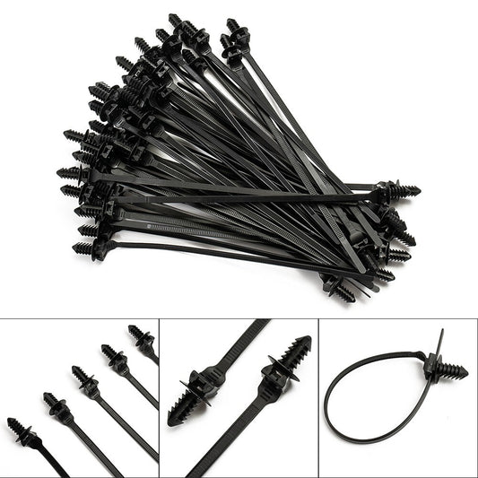 50  Black Nylon Push Clip Wire Tie Zipper Strap Automotive Conduit Cable Fastener Set