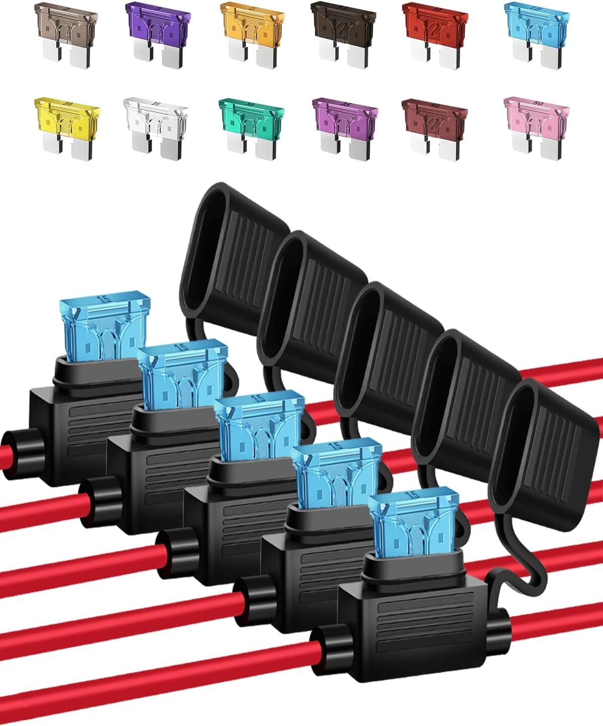 5pcs Car 12AWG Inline Fuse Holder60Pcs Auto ATC/ATO Standard Blade Fuses 2A-50A