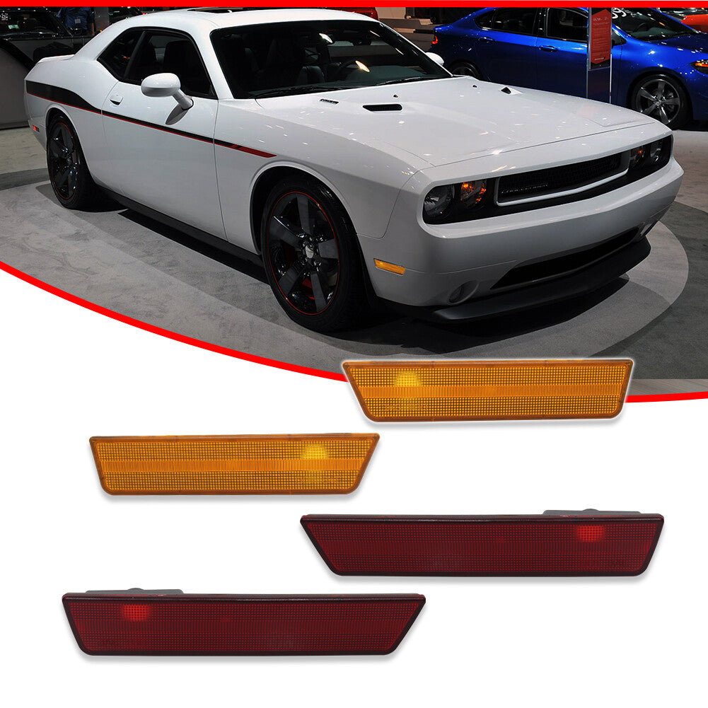 Fits 2008-14 for Dodge for Challenger Front + Rear Side Marker Light Reflectors Amber/Red - v