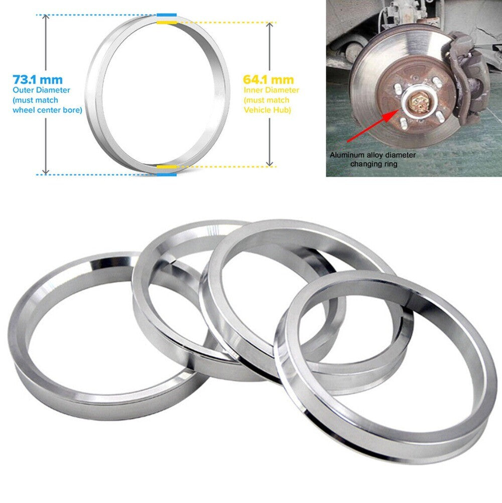 4x/set Silver Aluminum Alloy Car Wheel Spacer Hub Centric Rings 73.1OD to 64.1ID n