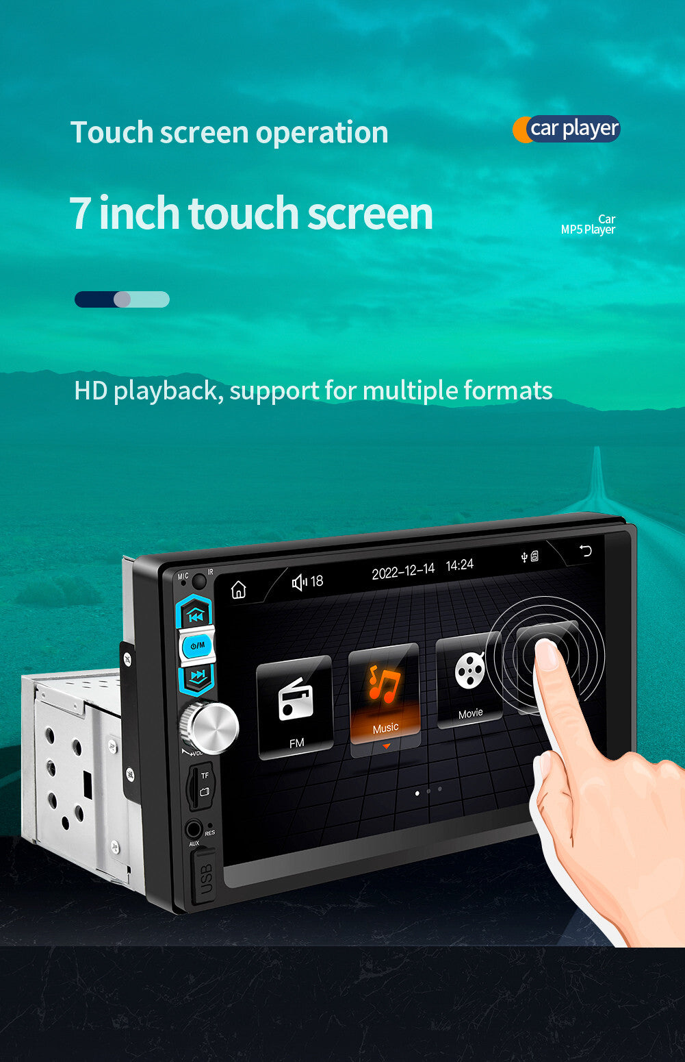 7in Single 1 DIN Car Stereo Touch Screen Radio Bluetooth MP5 Player For Carplay