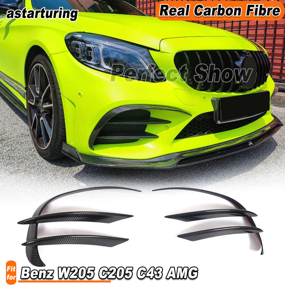 for Benz W205 A205 C300 C43 19+ REAL CARBON Front Bumper Splitter Canard Fins