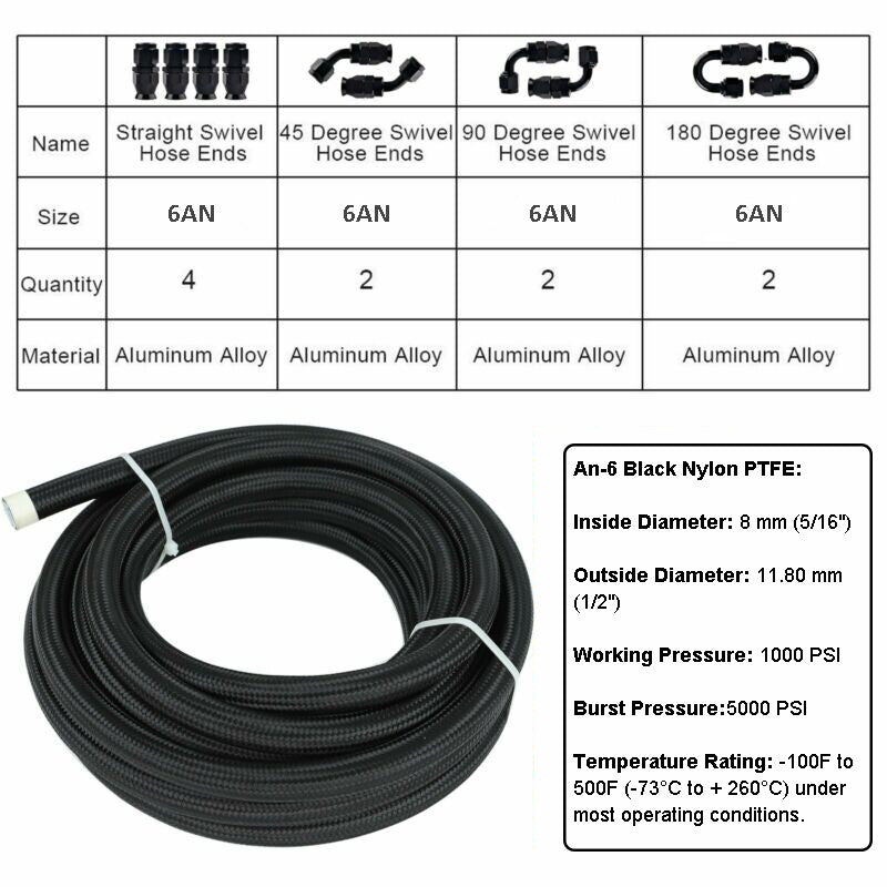 6AN - 6AN 20ft Black Nylon E85 PTFE Fuel Hose Line with 10 PC Adapter Fittings