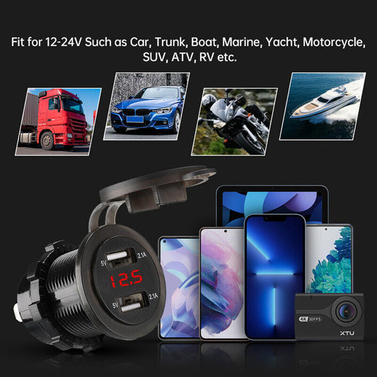 Car 4.2A Dual USB Socket Power Plug 12-24V LED Voltmeter Charger Splitter Adapte