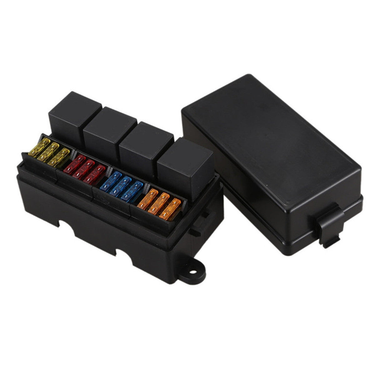 12 Way Blade Fuse Holder Box 4Pcs 4Pin Relays Black Fit For Truck Trailer Boat