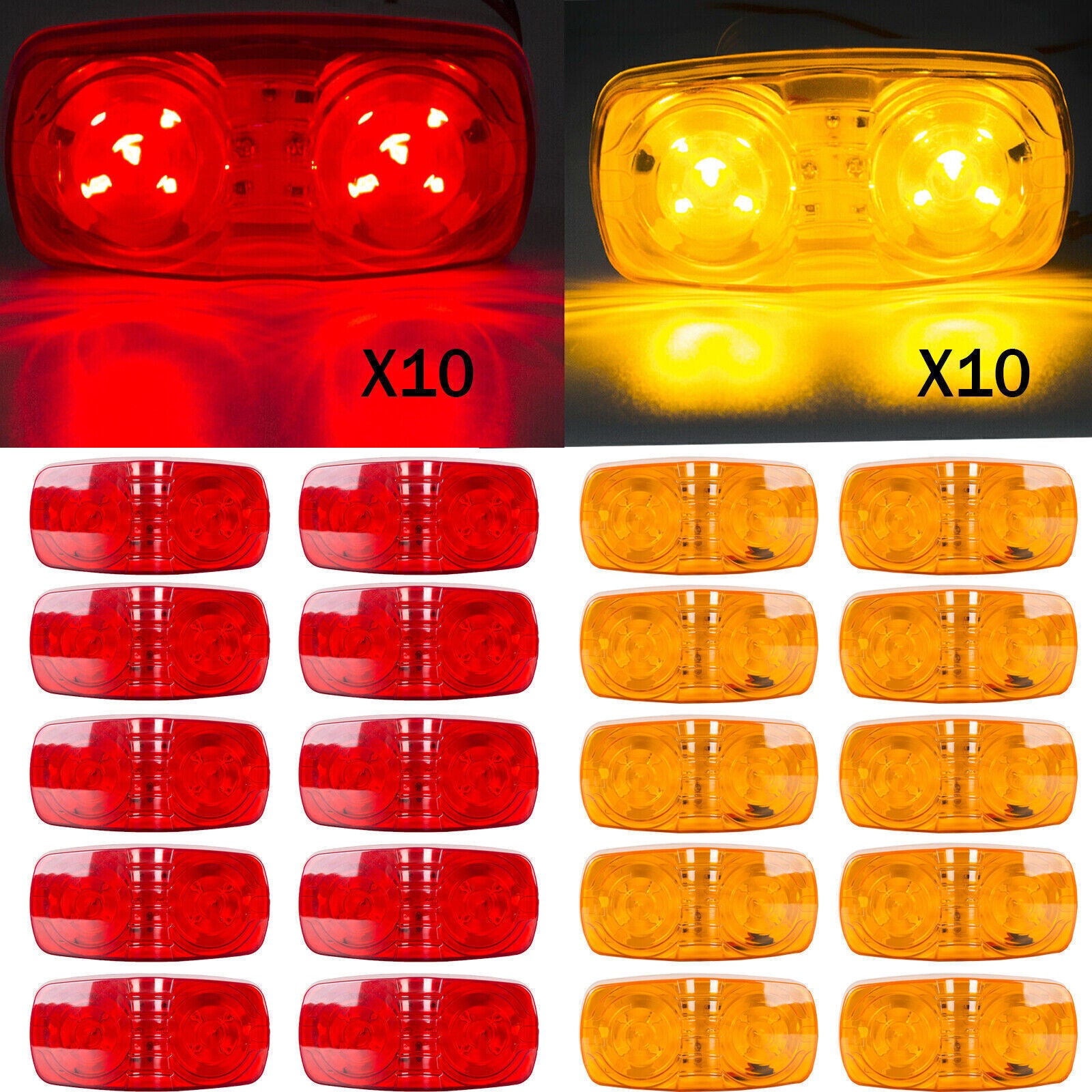 20x Trailer Marker Light Double Bullseye 10Diodes Clearance Lamp 10Red+10Amber