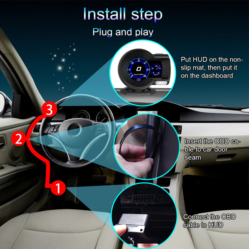 In-vehicle OBD2 multi-function instrument panel with head-up digital display of vehicle speed, RPM, and oil temperature. n