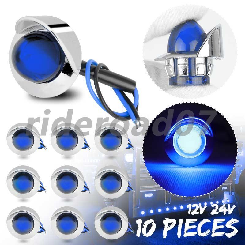 10Pcs Blue LED Bullet Clearance Side Marker Lights Round For Truck Trailer RV