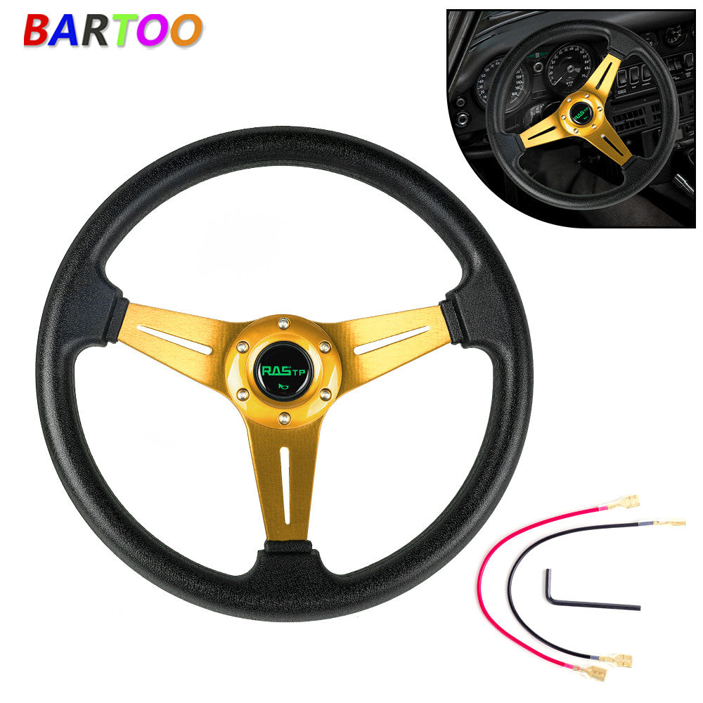 Universal 14 Steering Wheel w/Horn Button Sport Racing Deep Dish PVC 6 Bolt