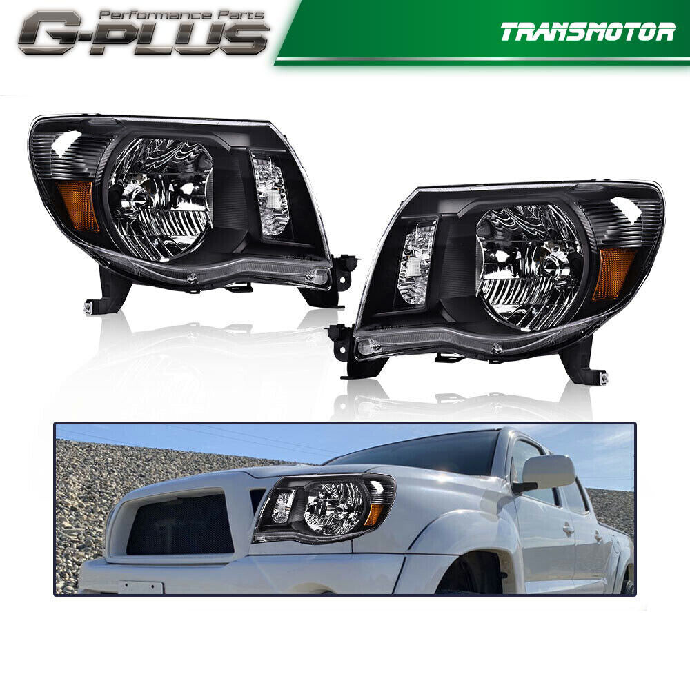 Fits 2005 - 2011 for Tacoma Black Headlights Headlamp Left + Right - v