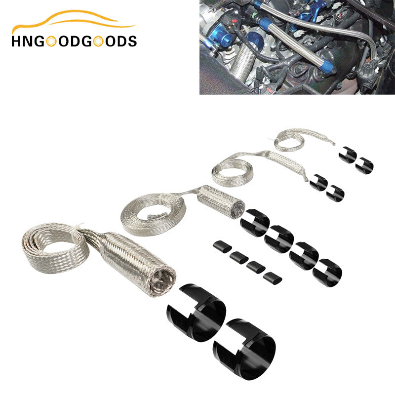 Black Universal Radiator Hose Sleeve Aluminum Braided Hose Cover Kit