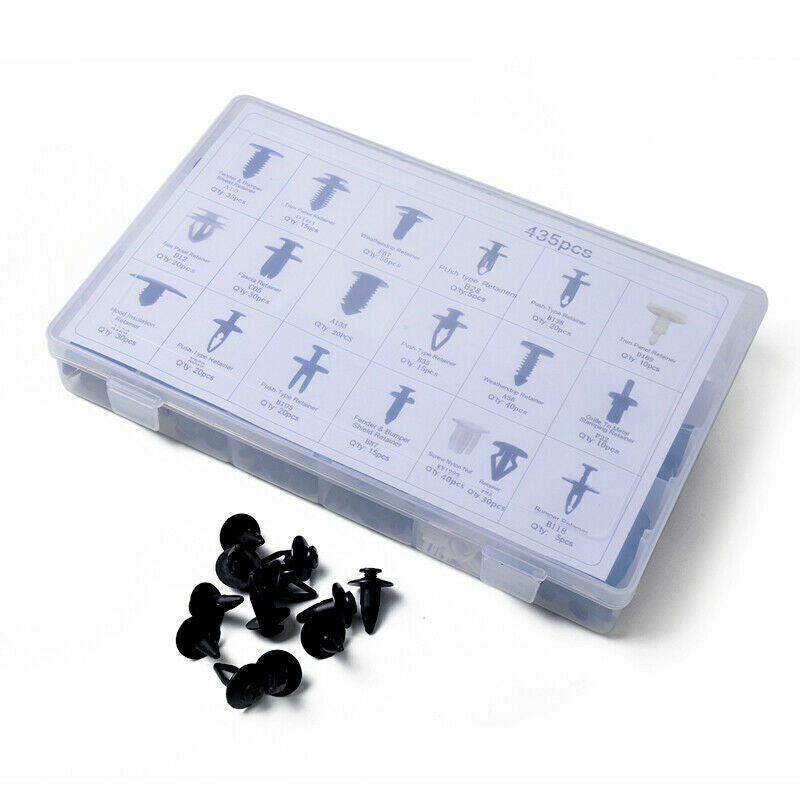 435-piece car door panel retainer set, decorative rivets, screws, clips, tools, and box. n