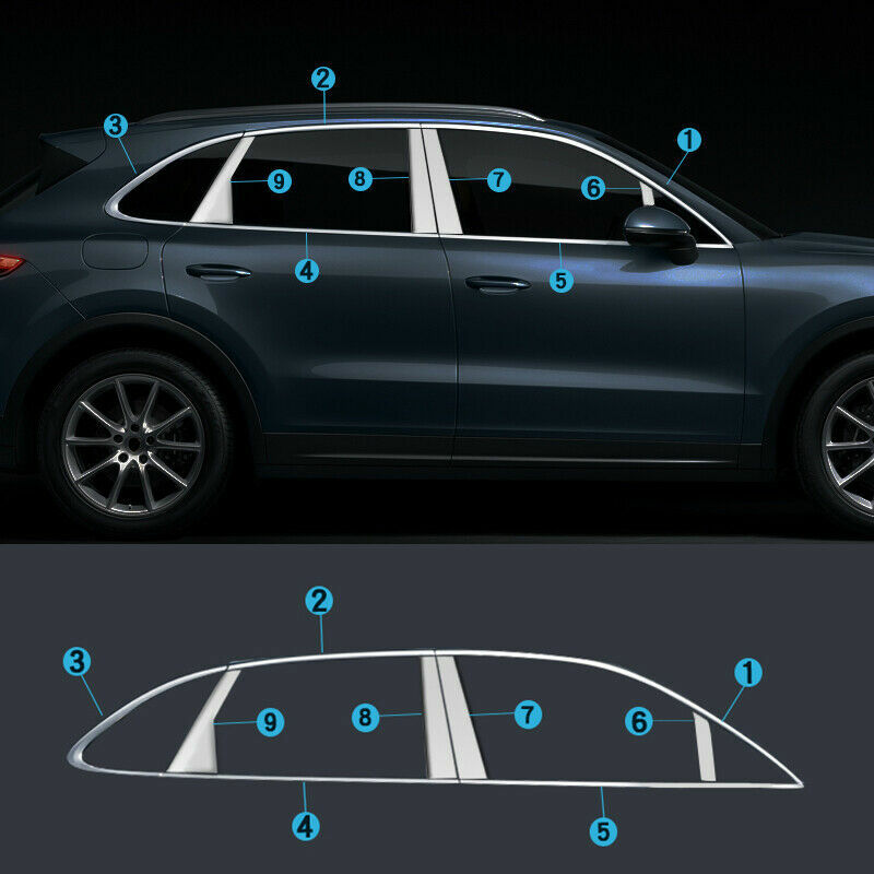 Silver Full Window Sill FramesPillar Panel Covers for Porsche for Cayenne 2019-2023