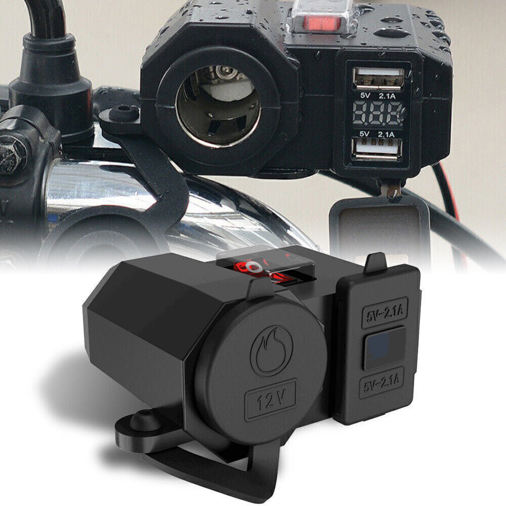 Motorcycle Cigarette Lighter Socket Outlet Dual USB Charger LED Voltmeter Black