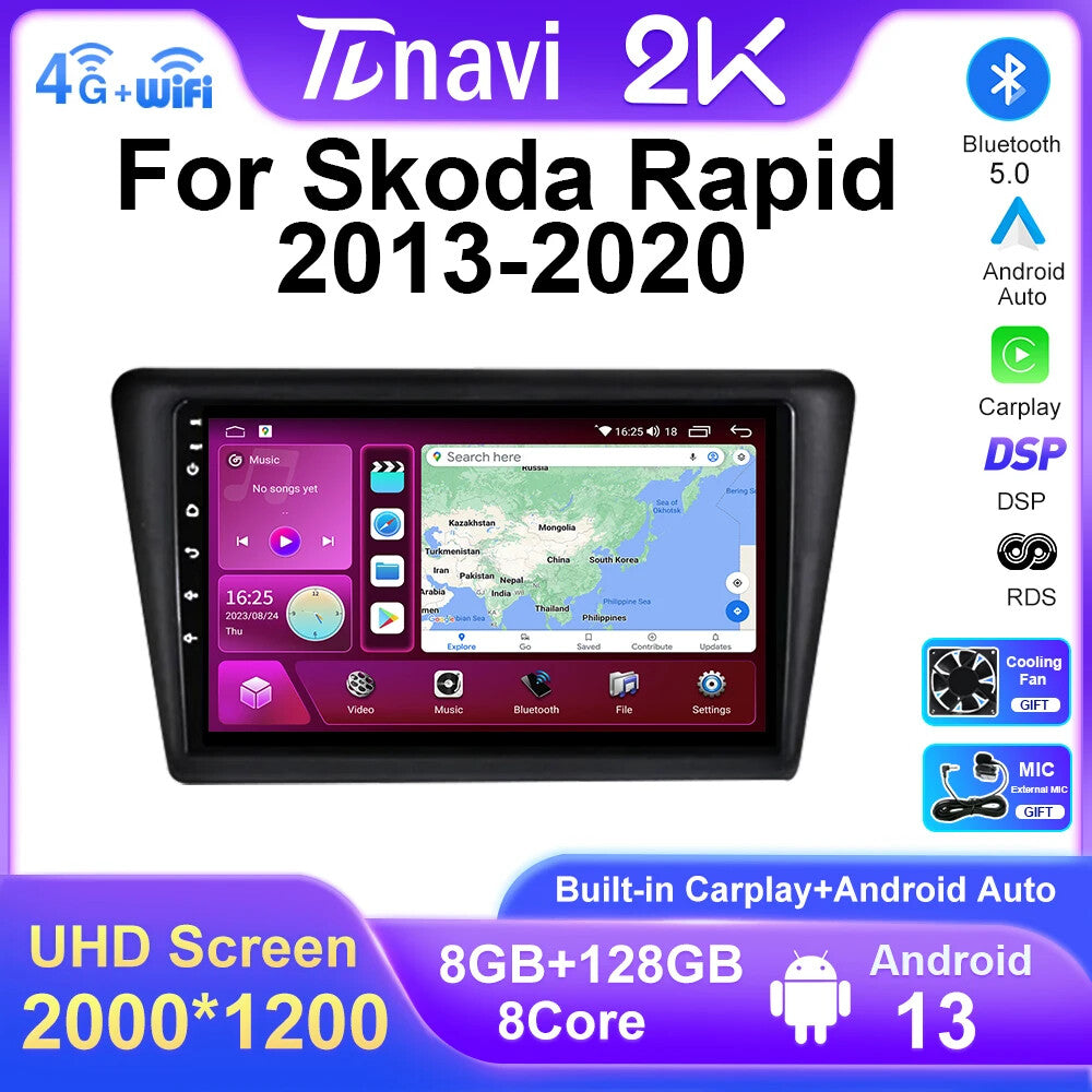for SKODA Rapid 2013-2020 Android Stereo CarPlay Car Radio GPS Player Screen DSP