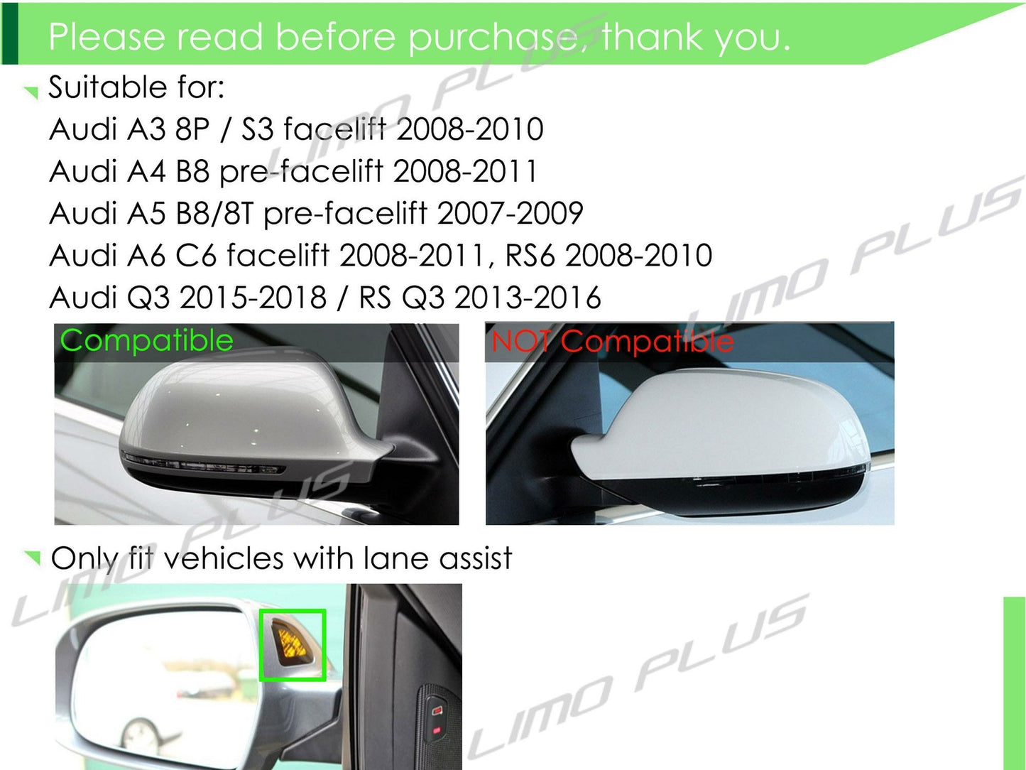 With Lane Assist Glossy Black Mirror Cover Caps for for Audi A3 A4 B8 S4 A5 S5 8T Q3 v