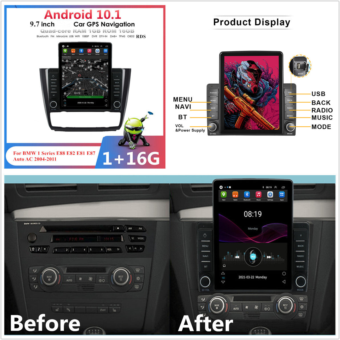 9.5-inch Android 10.1, 1+16GB, Car Stereo Radio, GPS, WIFI, for 1 E88 E82 E81- n