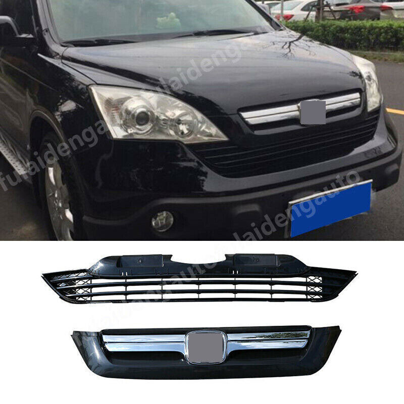 2x for Honda CR-V 2007-09 Black W/Chrome UpperLower Grill Front Bumper Replace