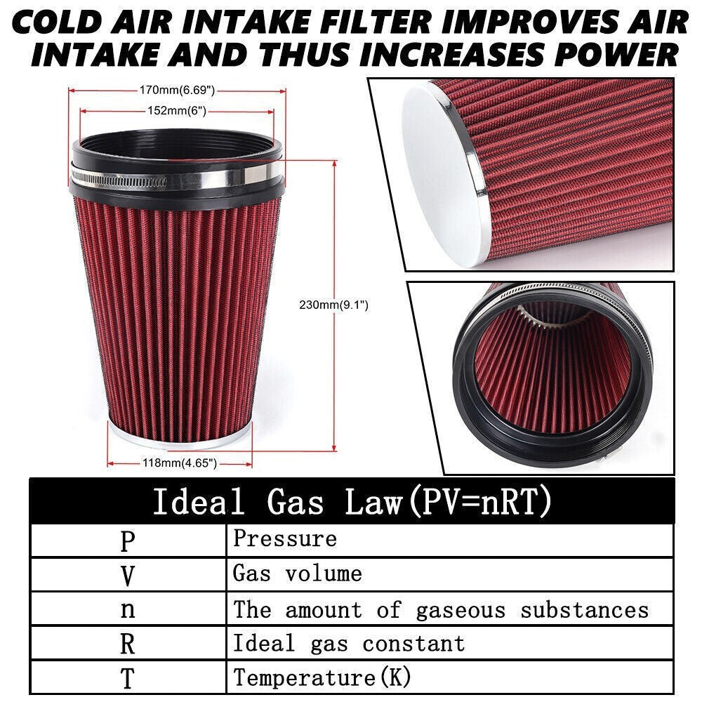 6 152mm Universal Inlet Truck Air Intake Cone Replacement Dry Air Filter RED Q