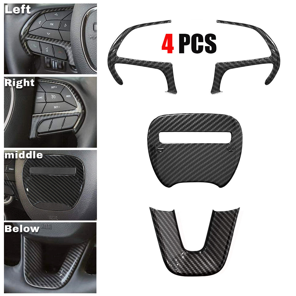4PCS For 2015-2020 for Dodge Charger Carbon Fiber Steering Wheel Cover Trim Stickers