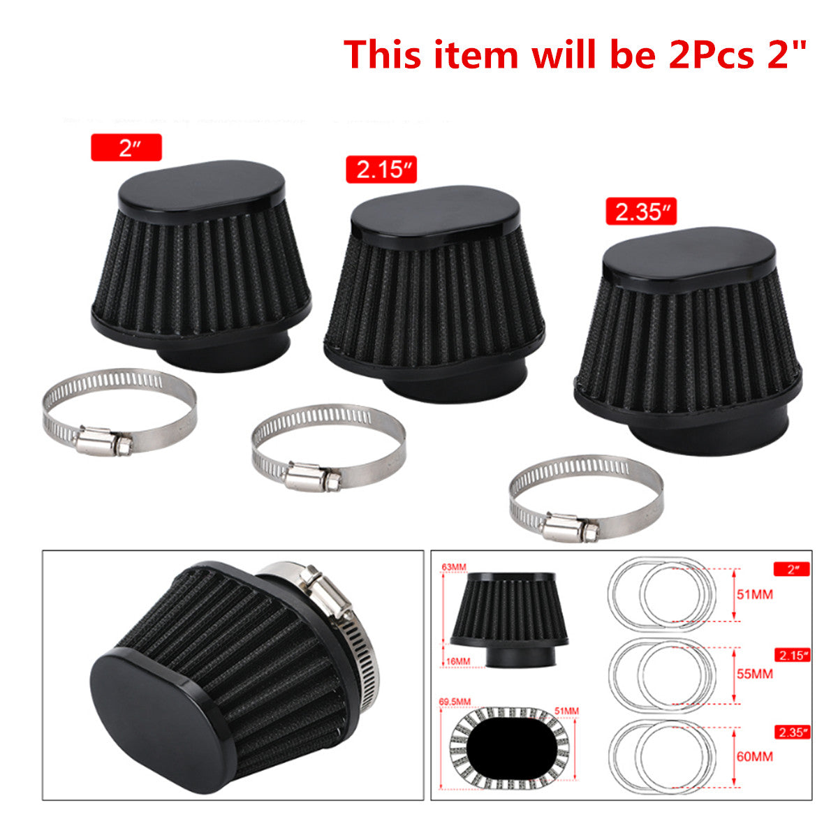 2Pcs Motorcycle Scooter Cone Air Intake Filter Cleaner High Flow 51mm Accessory Q