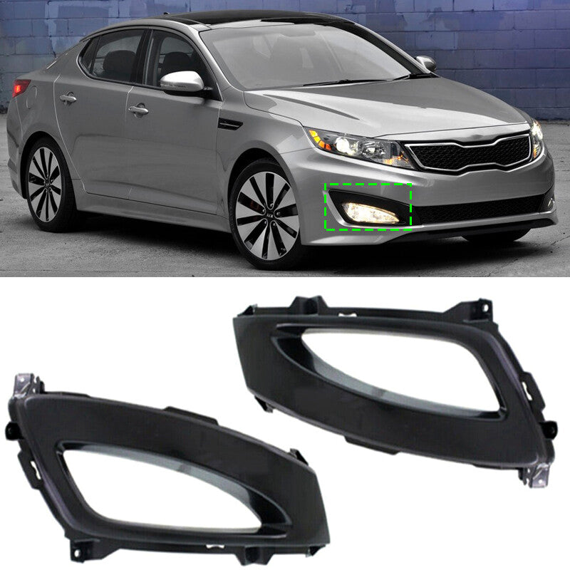 A pair of front fog light cover and fog light frame trims for Kia K5 Optima 2011, 2012, and 2013.