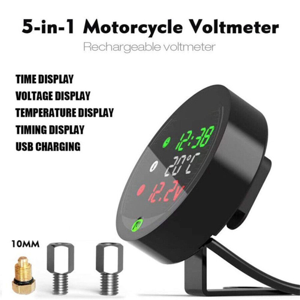 Motorcycle Voltmeter Water Temperature Gauge 5 IN 1 With 18mm Sensor Adapter New n