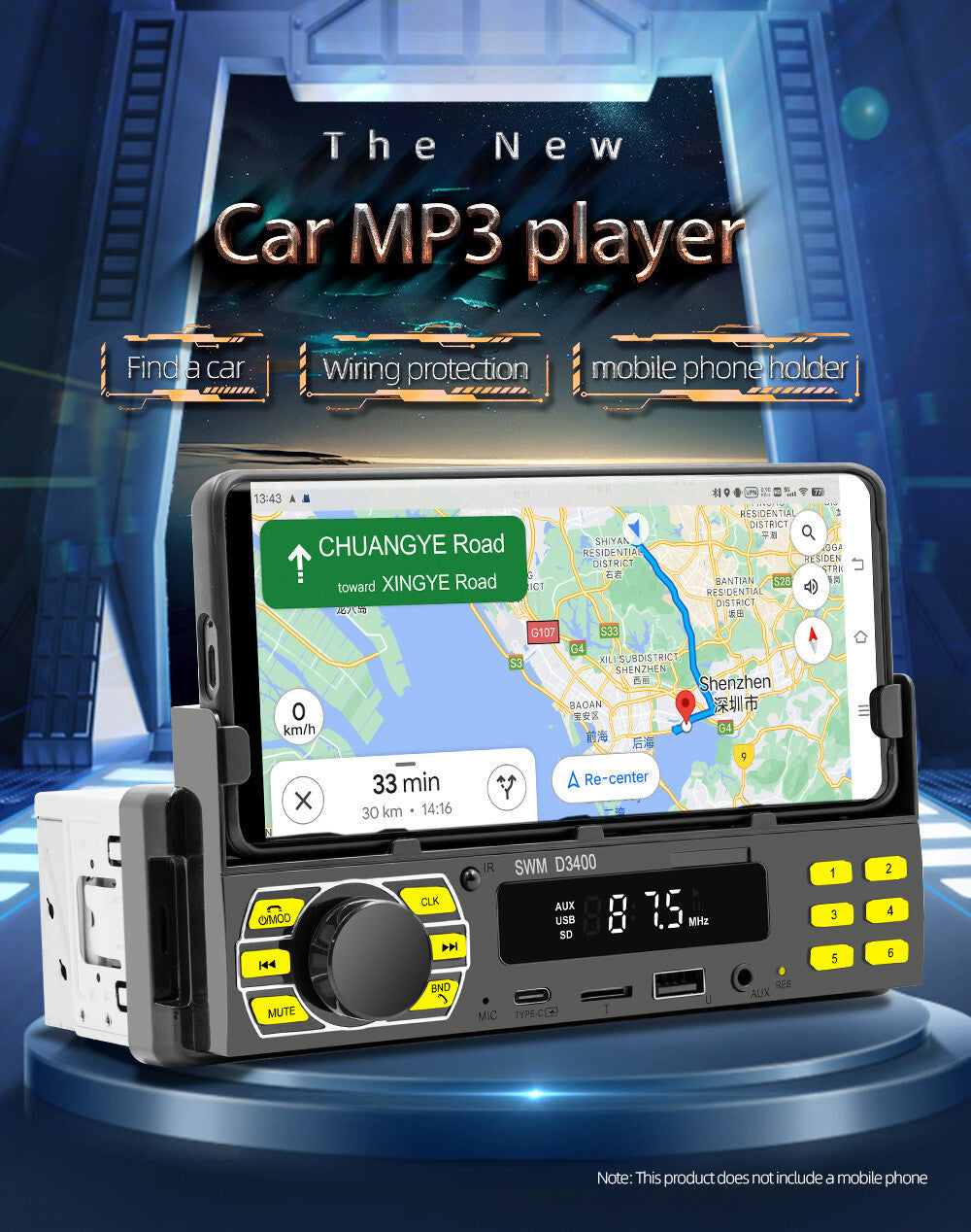 Single 1 Din Car Radio MP3 Player Bluetooth FM AUX USB Stereo With Phone Holder