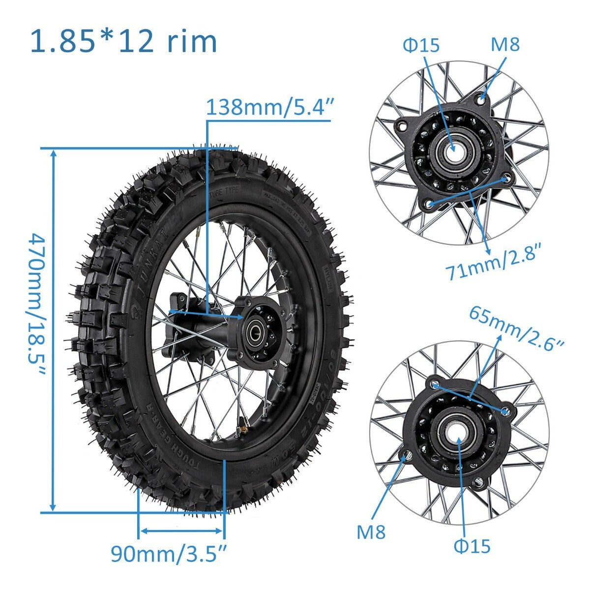 60/100-14 and 80/100-12 front and rear tire rims are suitable for scooters with a 110cc or 125cc caliber.