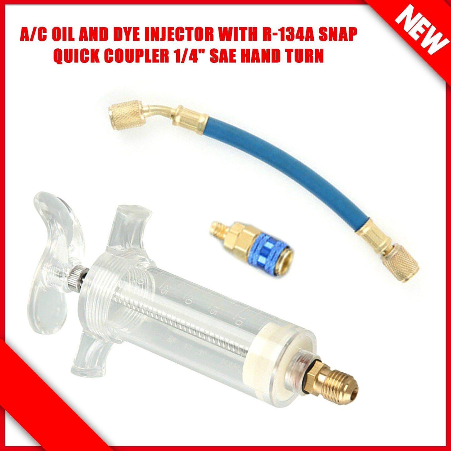 Air conditioning AC oil and dye injector with R-134a Snap quick coupling 1/4 SAE manual transfer Q