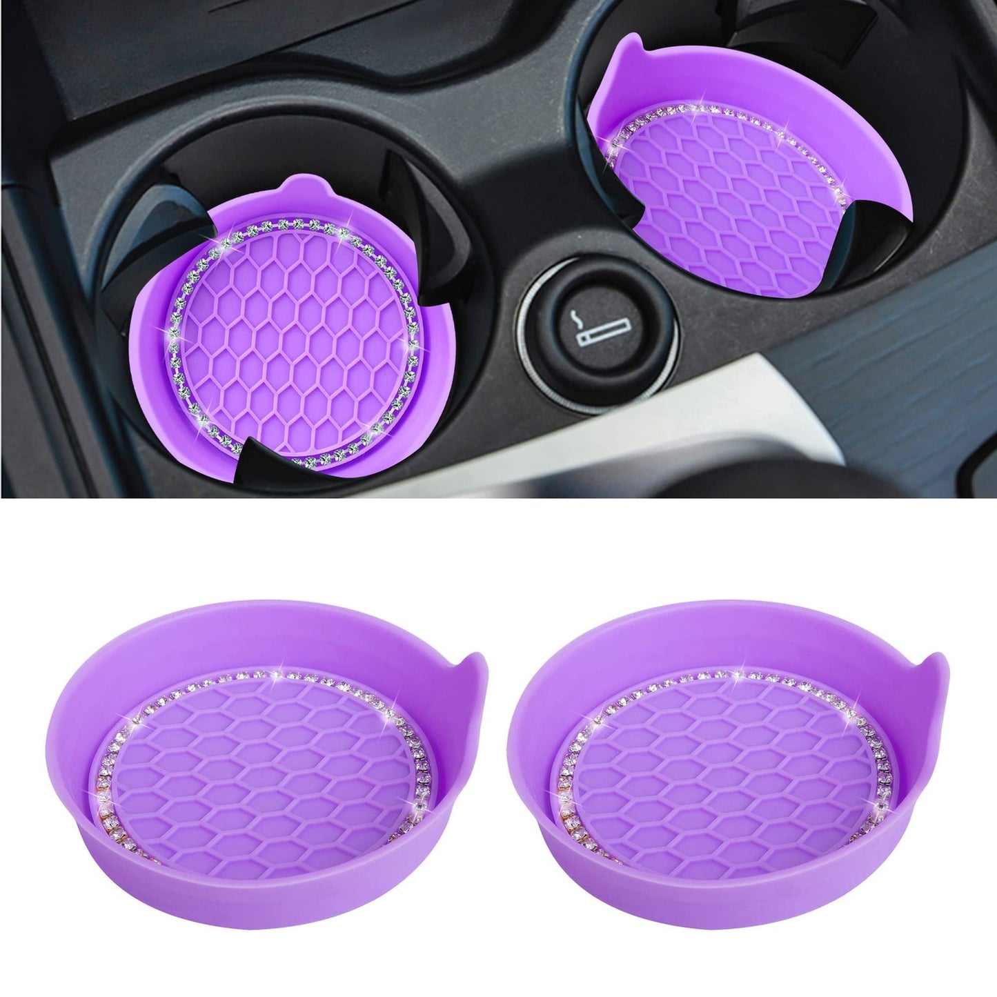 2x Bling Rhinestone Car Interior Cup Holder Insert Coaster Anti Slip Purple