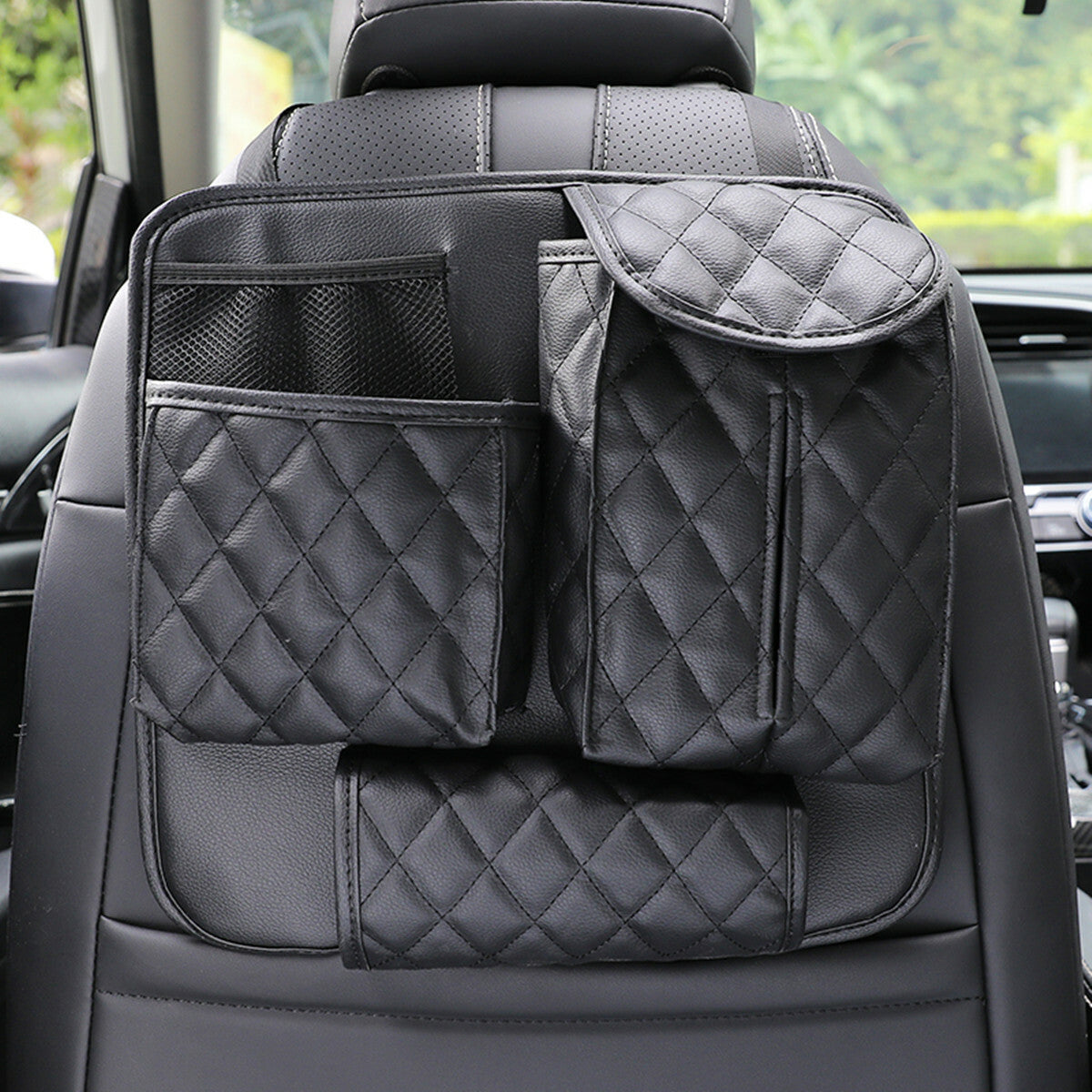 Car for Seat Back Bag Organizer Storage Phone Holder Multi-Pocket Black PU Leather