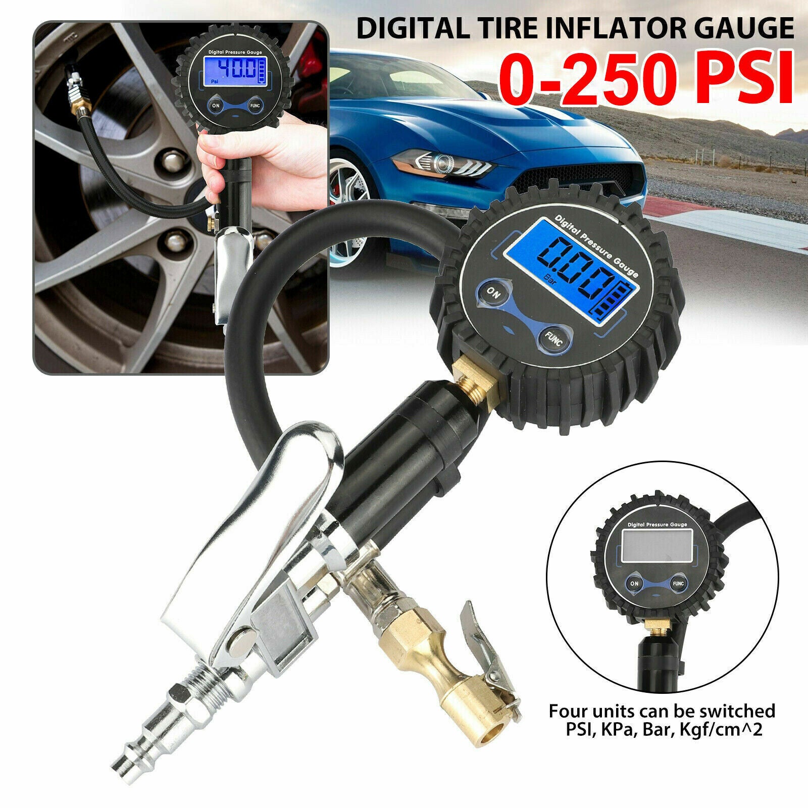 Digital tire inflator, air tire inflator with pressure gauge, Chuck 0-250 PSI